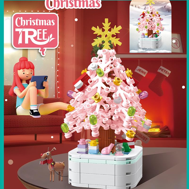 Yujhitp Pink Christmas Tree Building Set, Christmas Tree Building Bricks Set For 6+ Year Old Kids, Xmas Tree Gift Toy For Boys &