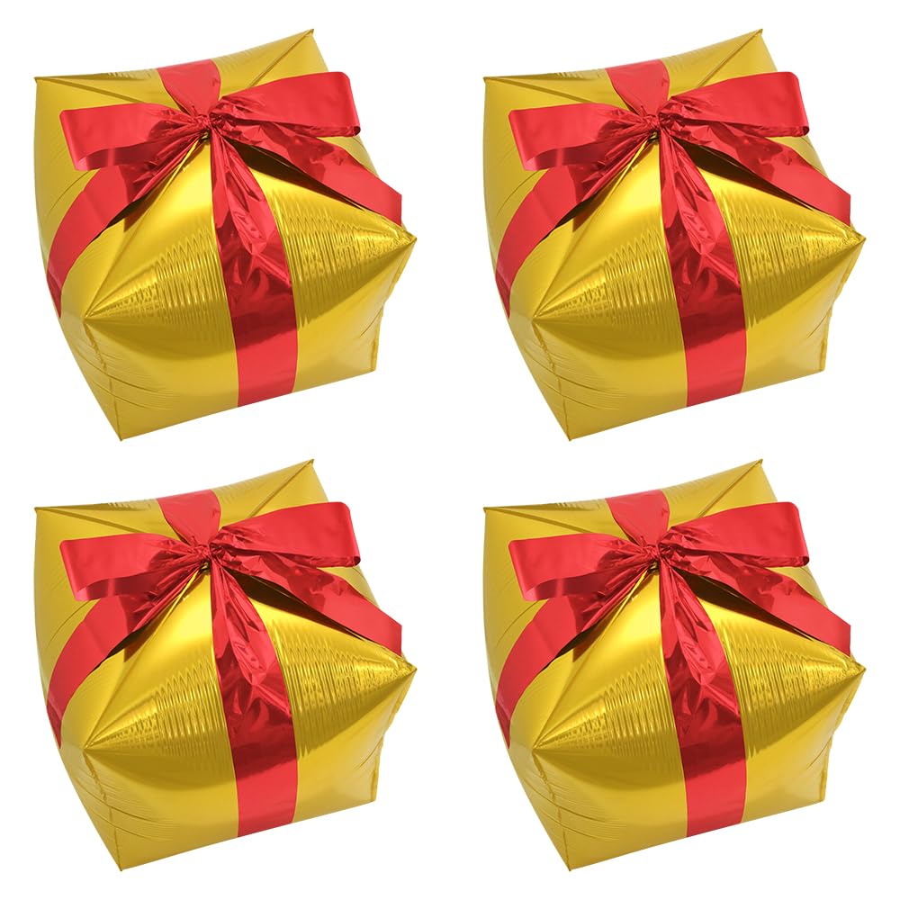 Deermon Large 4 Piece Gold Christmas Square Shape Gift Box Party Balloons With Red Ribbon, Present Cube Gift Box Mylar Party Dec