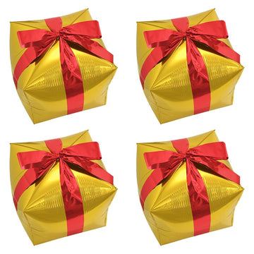 Deermon Large 4 Piece Gold Christmas Square Shape Gift Box Party Balloons With Red Ribbon, Present Cube Gift Box Mylar Party Dec