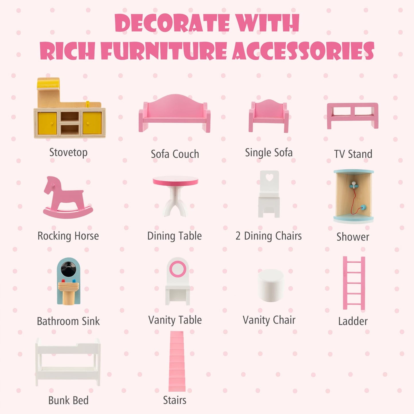HONEY JOY Pink Doll House, Wooden Kids Dollhouse with Balcony & Stairs, 15 Pieces Accessories & Furniture Included, Large 3-Stor