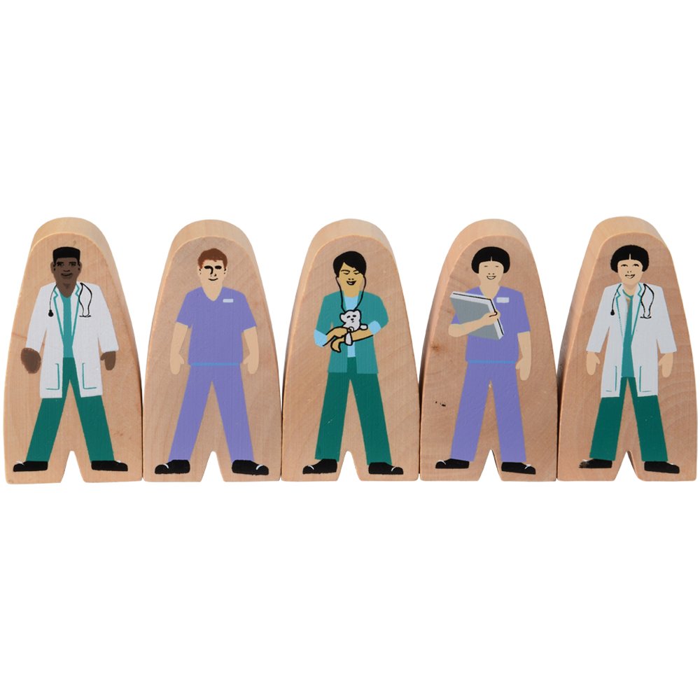 Constructive Playthings Wooden Community Helpers 25-Piece Wood Block Play Figurine Set, Freestanding Inclusive And Diverse Wood Toy Figures For Kids Ages 3+