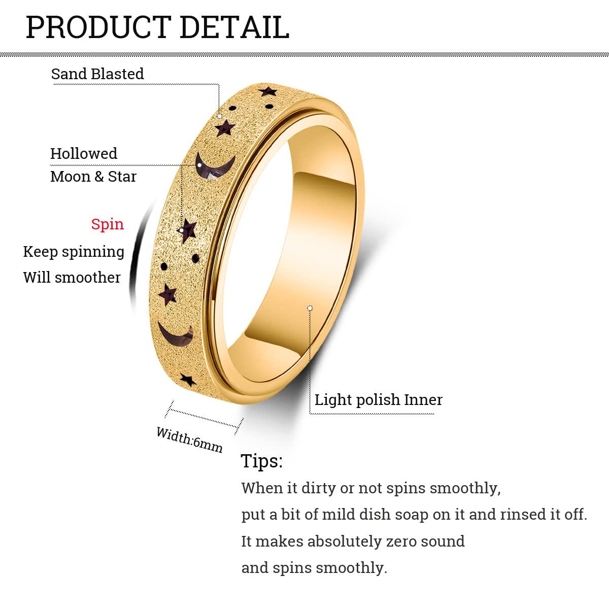 Mhwtty Anxiety Ring For Women Fidget Ring Stainless Steel Spinner Rings Fidget Toys Adults Thumb Ring Gift For Women Men Gold Si