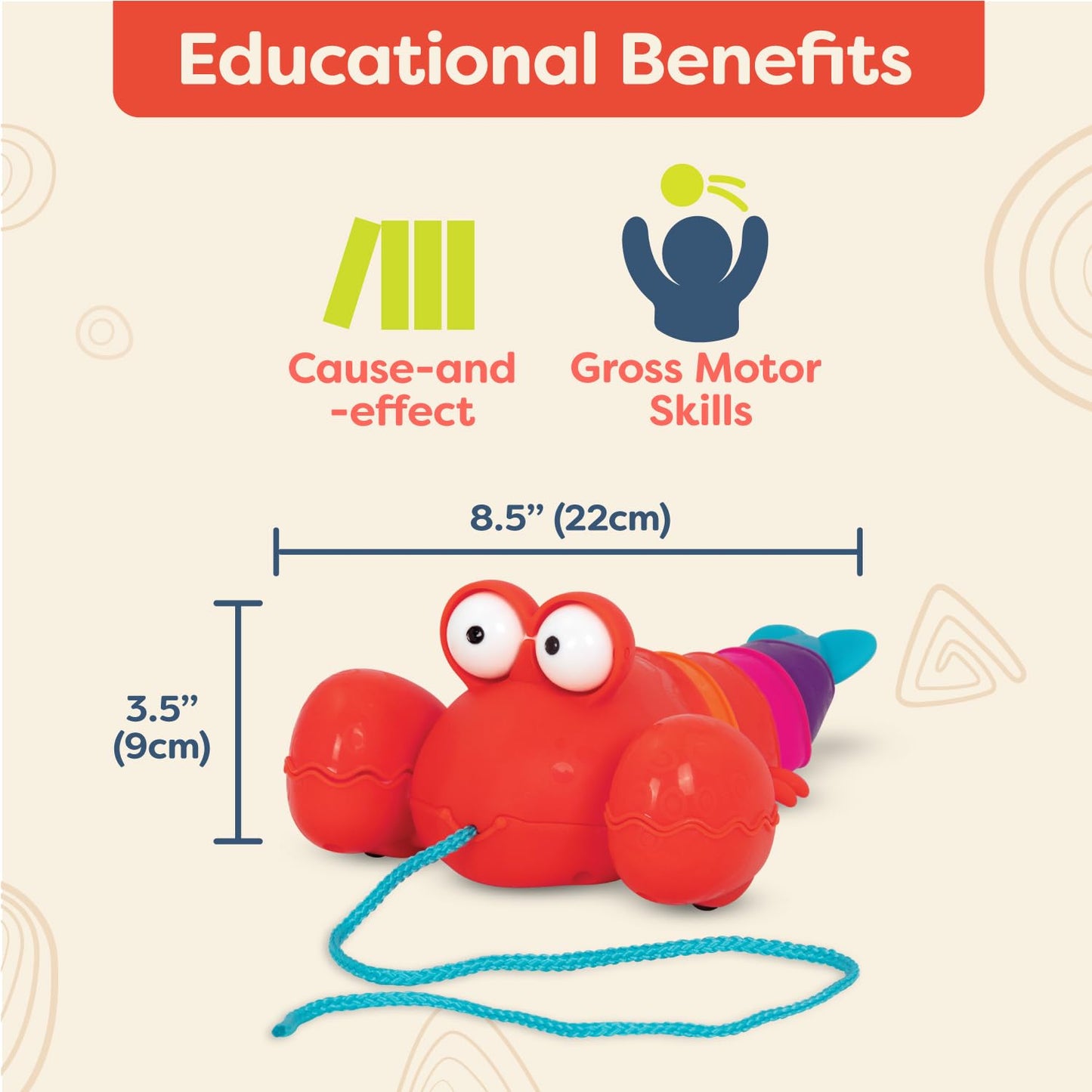 B. toys Pull Along Lobster Toy - Waggle-A-Longs, Developmental Push/Pull Toy for Toddlers, Red, Model BX1644Z
