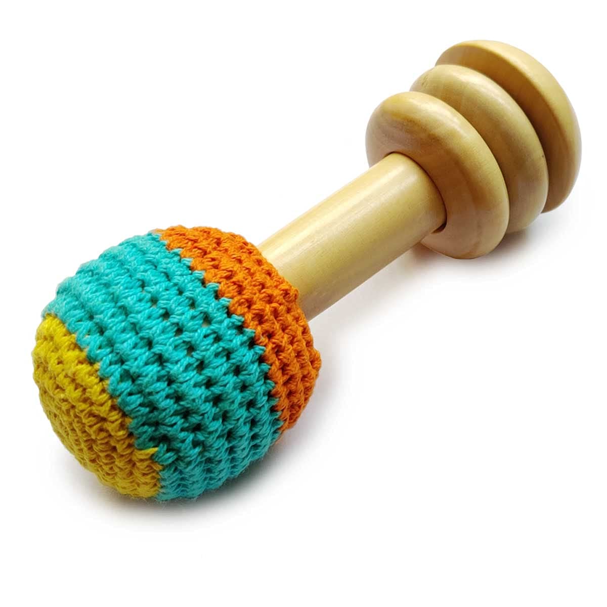 Shumee Wooden Organic Crochet Shaker Hand Rattle Toy | (0+ Months) | Newborn Baby Sensory Development Toys | Wooden Infant Hand 
