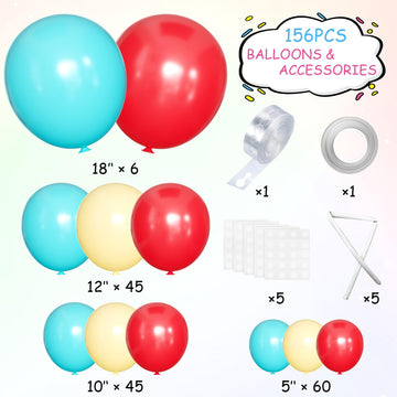 MEBAY Teal Balloons Garland Kit, 156Pcs Latex Balloons, 18-5 Inch Sizes, Turquoise Blue, Macaron Yellow, Red, Perfect for Parties & Events