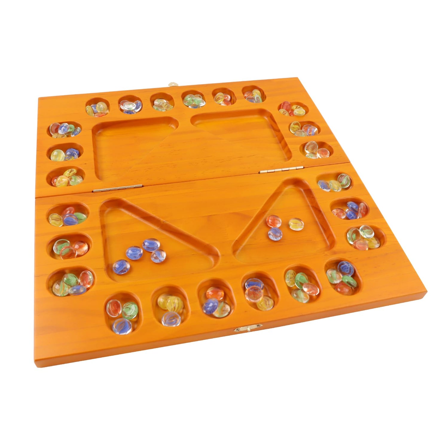 GSE Games & Sports Expert 4-Player Mancala Board Game with Multi-Color Glass Stones  Folding Wooden 4-Way Mancala Family Travel Strategy Games Set for Kids & mature-themeds (Oak)