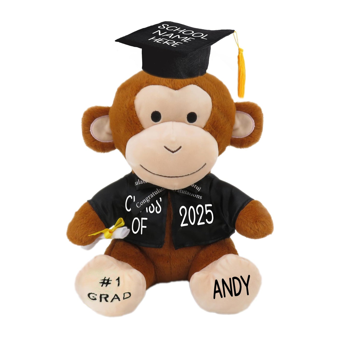 Personalized Graduation Teddy Bear Monkey Gift 2025 For Her, For Him, For High School, College, 12 Inch - Cute Custom Brown Monk