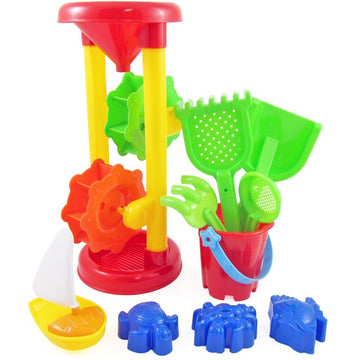 Double Sand Wheel Beach Toy Set for Kids with Bucket, Shovels, Rakes, Sailboat and 3 Shape Molds