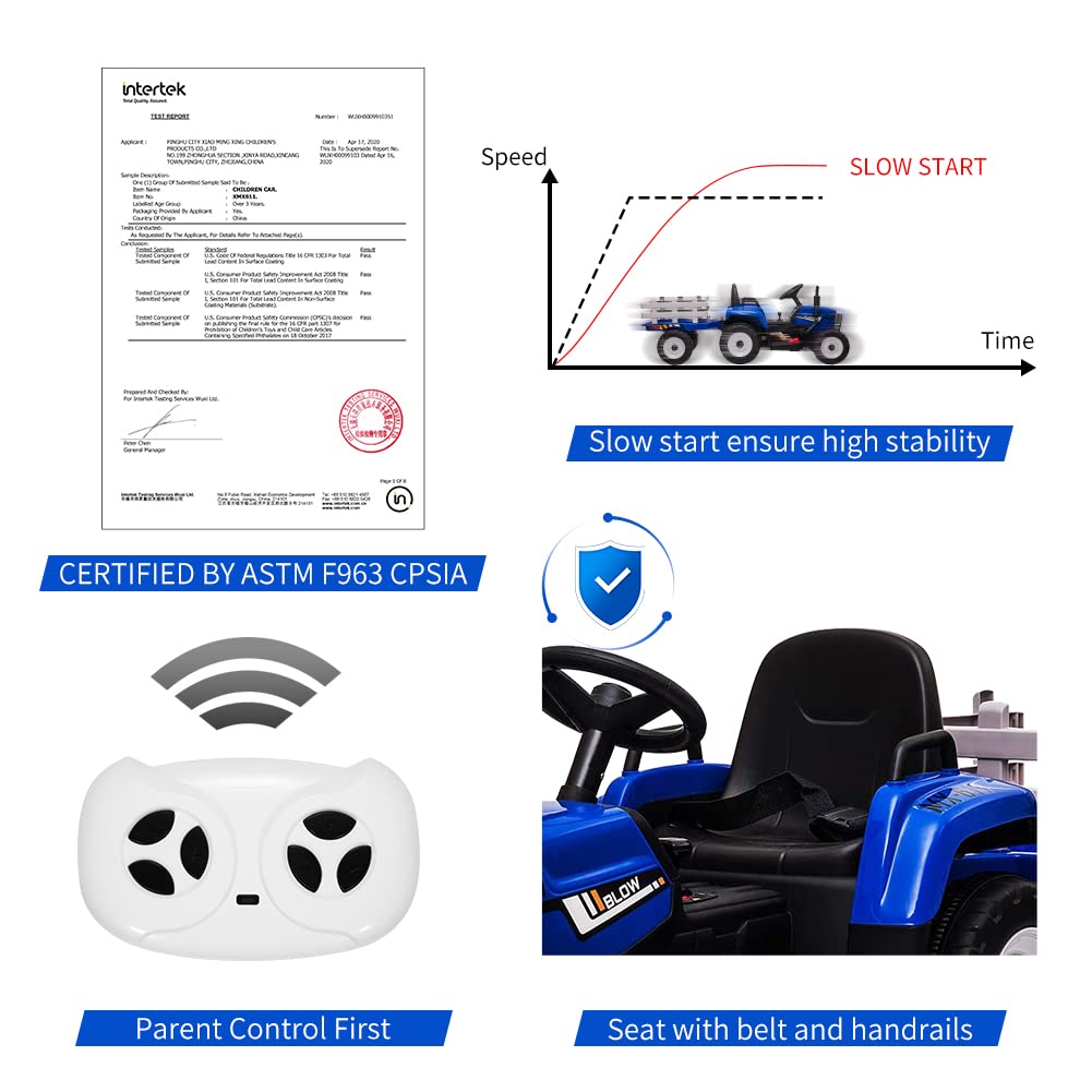12V Kids Ride On Tractor With Trailer & Remote Control, Toddler Battery Powered Electric Car Slow Start 7Led Headlights Usb Music Player 2+1 Gear Shift, Blue, 35W/ Eva Tire