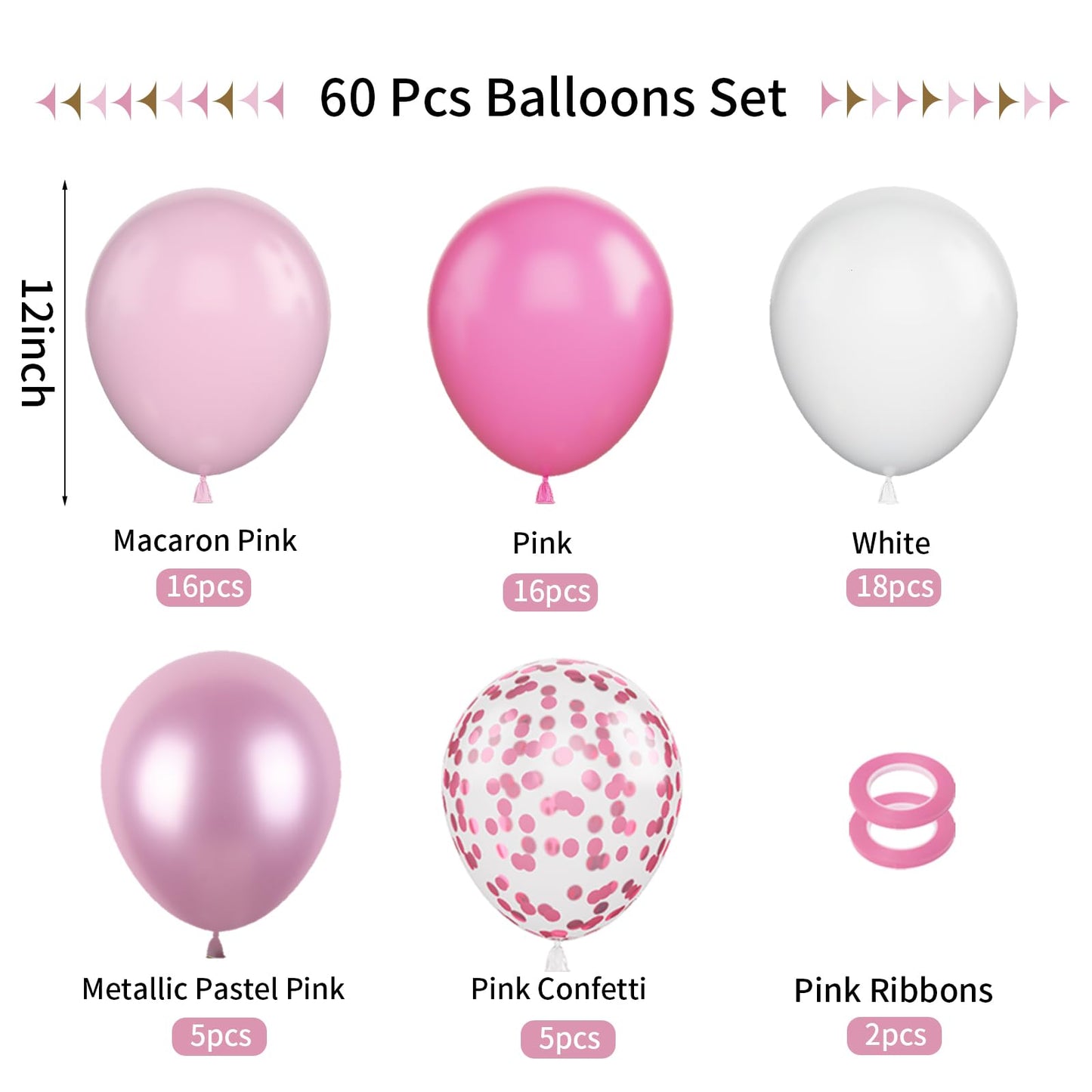 Funhot Pink Balloons, 60Pcs Pastel Pink Pearl White Latex Balloons, 12 Inch Metallic Pink Confetti Balloons Helium For Girls Pri