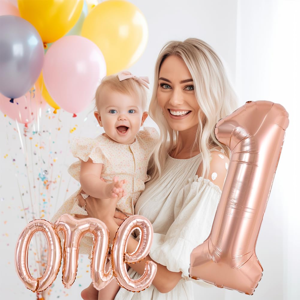 Toniful 40 Inch Giant Rose Gold Number 1 Balloon,Mylar Foil Script Cursive Letter 1 Balloon Banner For Boys Girls Kids First Bir