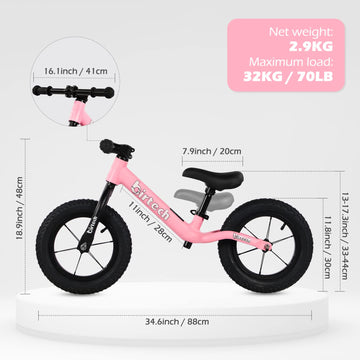 12' Balance Bike For 2, 3, 4, 5 Year Old Boys And Girls, Lightweight Nylon Frame Toddler Training Bike No Pedal Bikes For Kids With Adjustable Seat And Air Tires (Pink)
