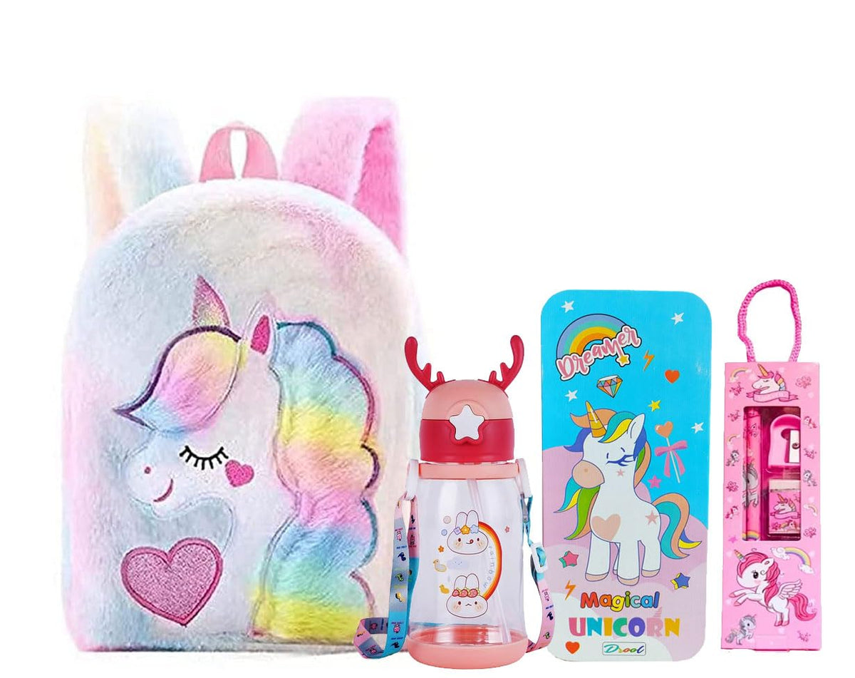 Neel Unicorn Fur Bag With Unicorn Geometric Box, Bottle, Pencil Set For Girls Birthday Gifts For Kids (Set Of 4) Party Favor Ret