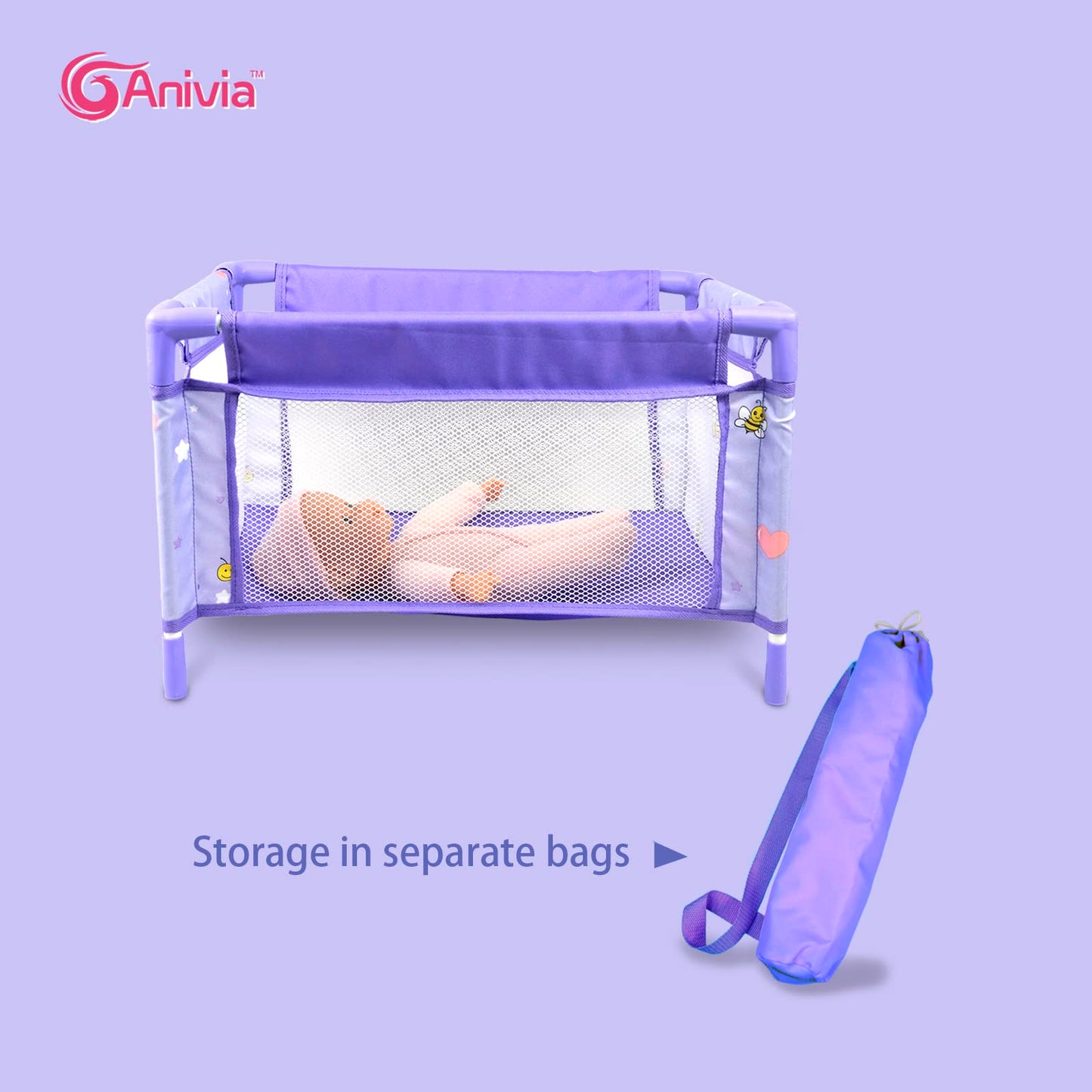 ANIVIA Baby Doll Stroller Set - 5PC Accessories, Includes Stroller, Crib, Play Mat, Feeding Toy, Diaper Bag, Purple, 11" Doll Included