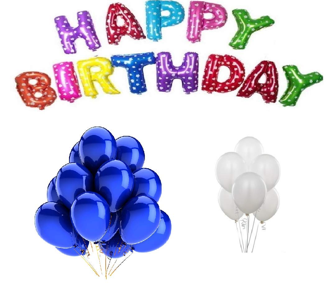 Jindal Party Products Happy Birthday Letter Foil Balloon set of 13 Letters (Multi Color) + HD Metallic Finish Balloons (Blue ,Wh