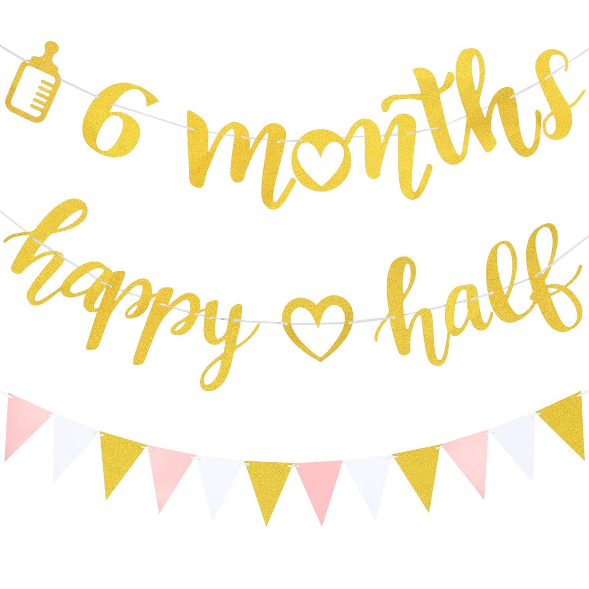 Festiko 3 Pieces 6 Months Banner Decoration Happy Half Garland and Glitter Pennant Banner for Half Year Birthday Party Decoratio