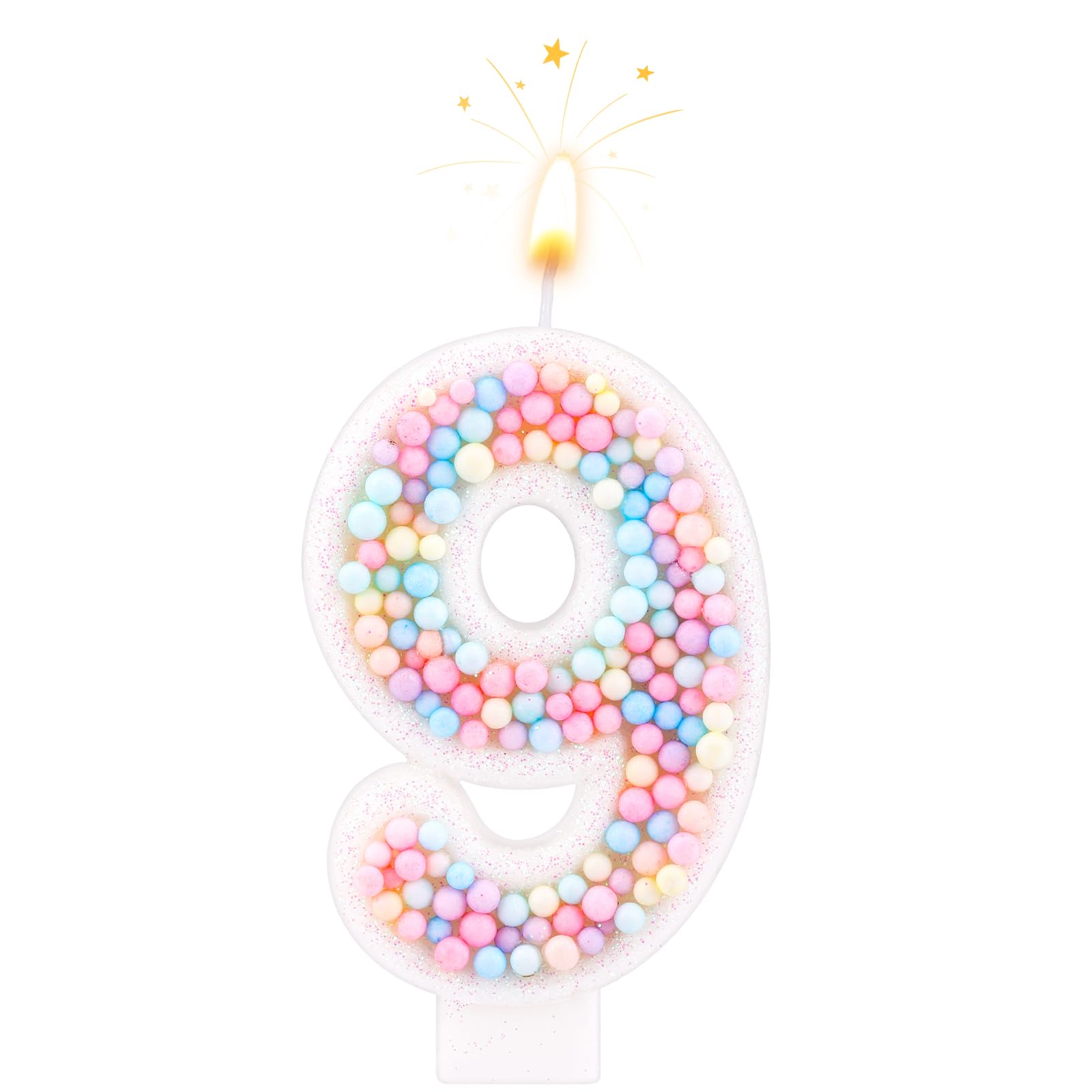 Birthday Candles, 0-9 Number Macaron Cake Candles Glitter Cake Topper Decorations for Wedding Anniversary Birthday Party (9)