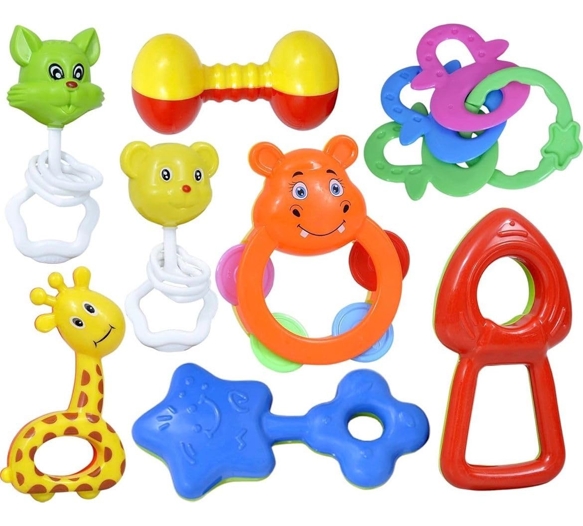 Madhuma Colorful Baby Rattle & Teether Toy Set  8 Pieces | Safe NonToxic Plastic | Educational Toys For Infants & Toddlers (0