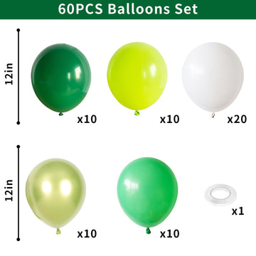 60Pcs Green Party Balloons, Dark Green Emerald Green Lime Green Chrome Metallic Green And White Latex Balloons, For Green Themed