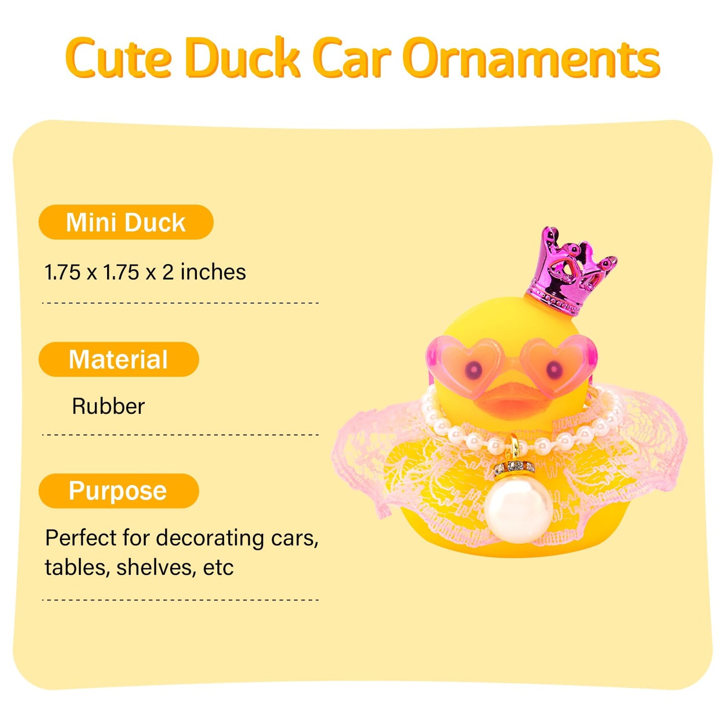 wonuu Rubber Duck Car Dashboard Decoration  Duck Car Ornament Cute Car Accessories with Mini Crown Dress Pearl Necklace Glasses  Pink Lace Skirt