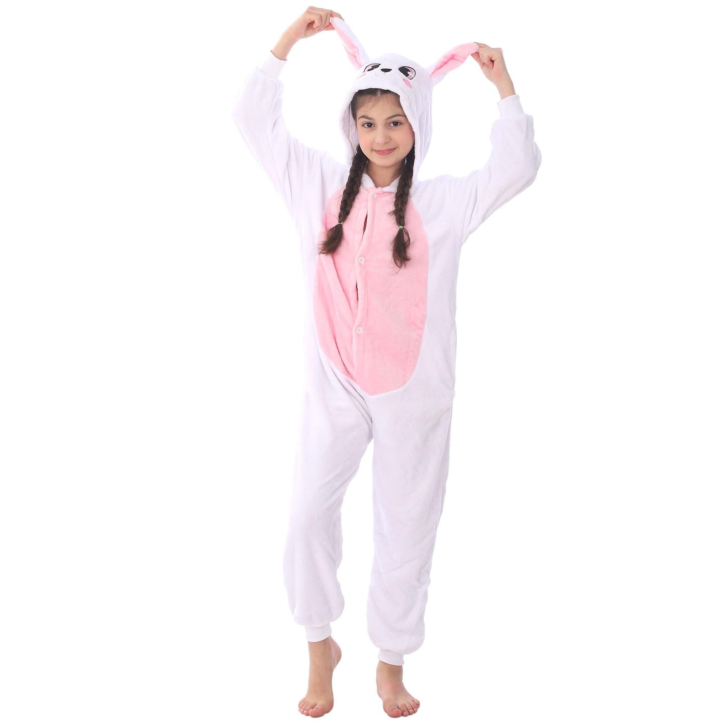 WAFUNNE Animal Onesie Costume for Kids Child Boys Girls Womens Mens Cosplay Halloween Costumes Easter Onesies White Pink Rabbit 140