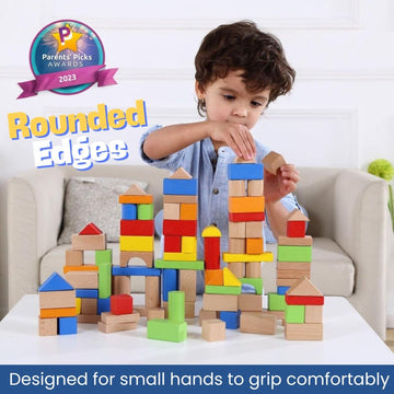 Pidoko Kids Wooden Blocks - 100 Pcs - Building Blocks For Toddlers - Includes Storage Container With Shape Sorter Top - Hardwood Plain & Colored Wood Blocks - Preschool Block Learning Toys