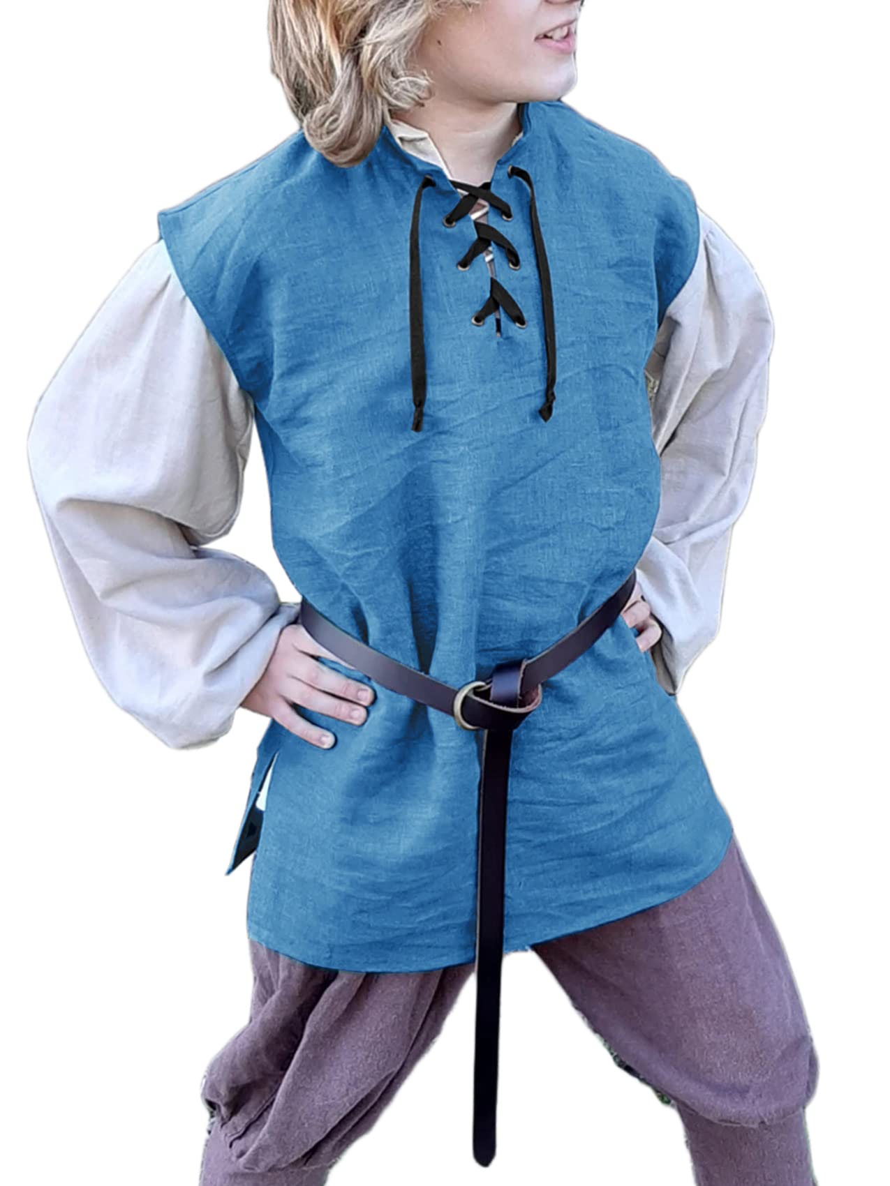 Boys Kids Renaissance Pirate T Shirts Viking Medieval Sleeveless Lace Up Costume Scottish Cotton Tank Tops