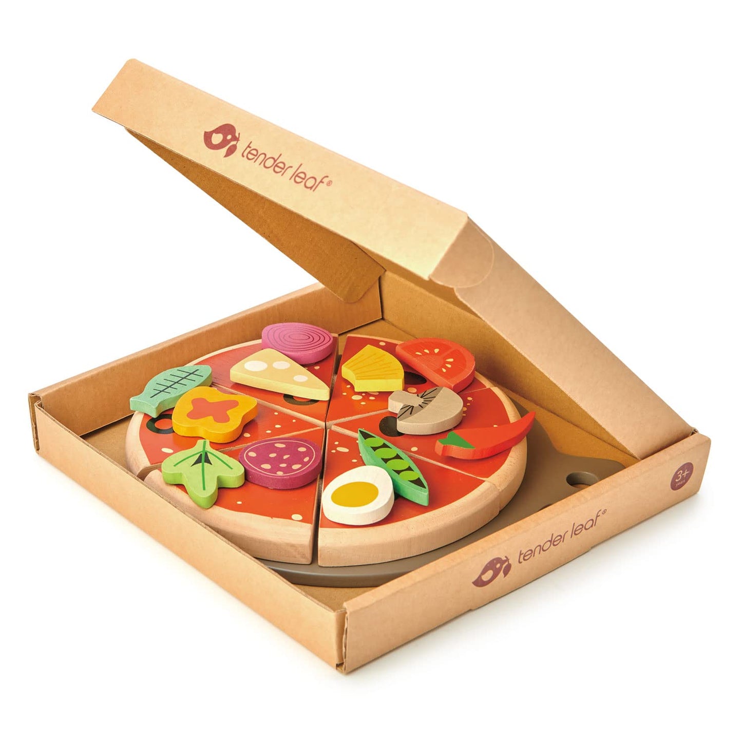 Tender Leaf Toys - Pizza Party - 6 Slices of Realistic Pizza Toy Set with 12 Different Toppings, Kraft Card Take-Out Box Include