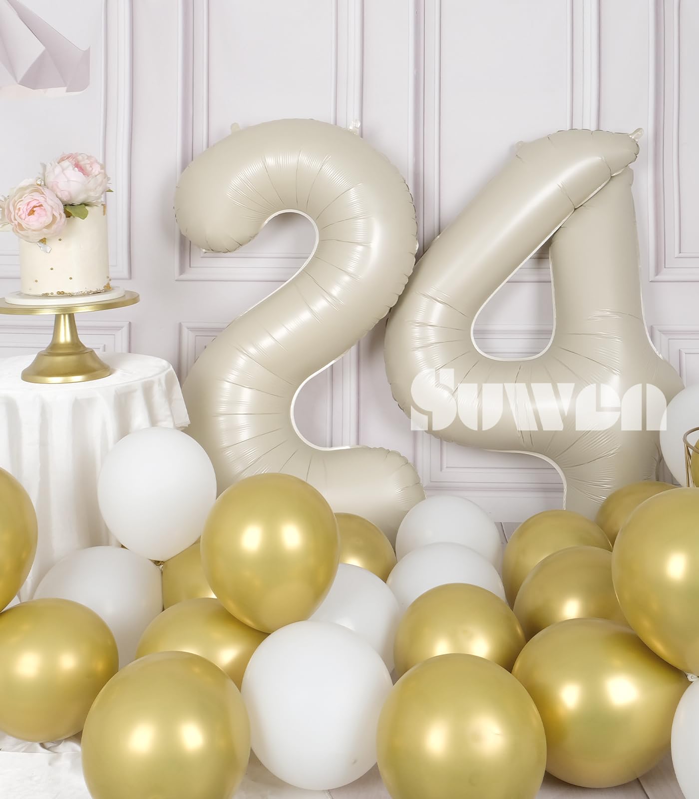 Suwen 40 Inch Large Cream White 24 Number Balloons Big Foil Helium Number Balloons 0-9 Jumbo Happy 24Th Mylar Birthday Party Dec