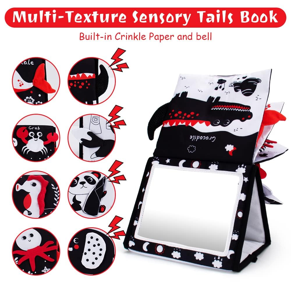 Oarifun Tummy Time Mirror, Baby Tummy Time Toys With Soft Book, Black And White High Contrast Baby Toys, 3D Activity Sensory Montessori Toys Crawling Mat