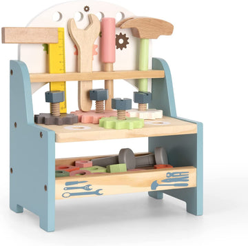 ROBOTIME Tool Bench Set for Toddlers - Mini Wooden Work Bench for Kids, Construction Toys w/Wooden Tools, Educational Pretend Pl