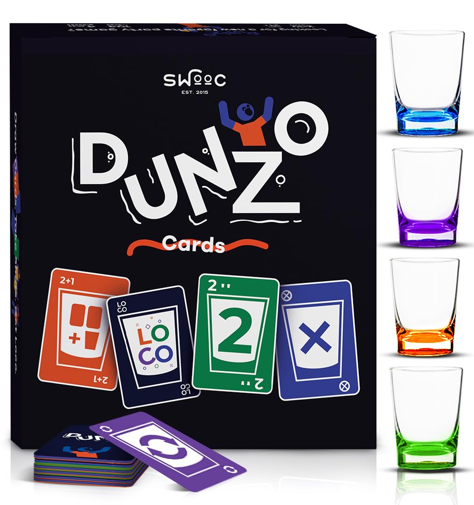 DUNZO - Party Version of Classic Card Game with 4 Unbreakable Glasses - Draw Two  Skip  Reverse  Get Hydrated - Fun Party Game & Funny Gifts - mature-themed Games for Game Night - mature-themed Party Games
