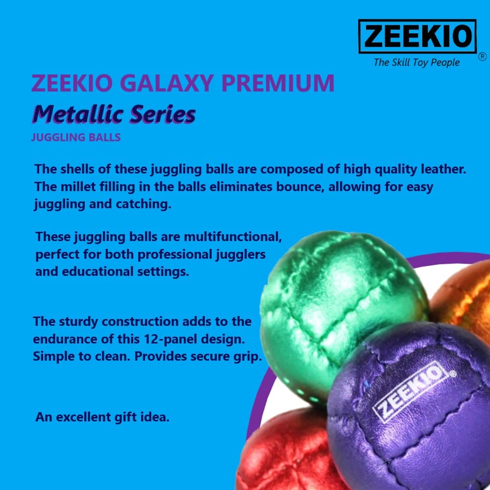 Zeekio Juggling Balls enhanced Galaxy - [Pack of 3]  Genuine Leather  Millet Filled  12-Panel Leather Balls  130g Each  62mm  Metallic Red