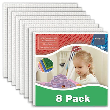 Unirolic 8 Pack Classic Baseplates 10' X 10' Sturdiness Building Platforms -100% Compatible With All Major Brands Building Bricks, Suitable For Kids And Adults As A Gift -White