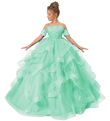 ZPVP Mint Green Girls Pageant Dress Long Ruffles Princess Flower Girl Dress Beaded Appliques Tulle Wedding Party Costumes US4