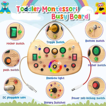 Flycoost Montessori Toddler Busy Board, Wooden Busy Board With 17 Led Lights, Travel Toys For Toddlers 1-3 Years, Light Switch T
