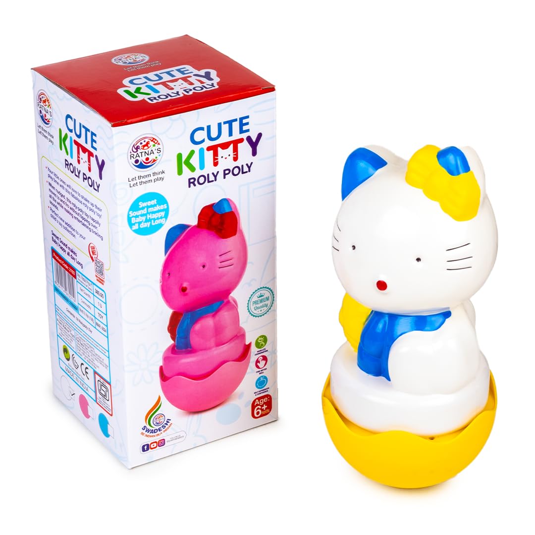 Ratnas Cute Kitty Roly Poly Push and Shake Wobbling Bell Sounds Musical Rattle Toy for Babies & Toddlers