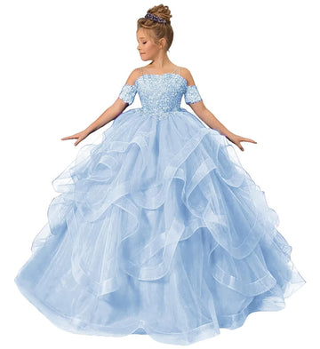ZPVP Light Blue Girls Pageant Dress Long Ruffles Princess Flower Girl Dress Beaded Appliques Tulle Wedding Party Costumes US4