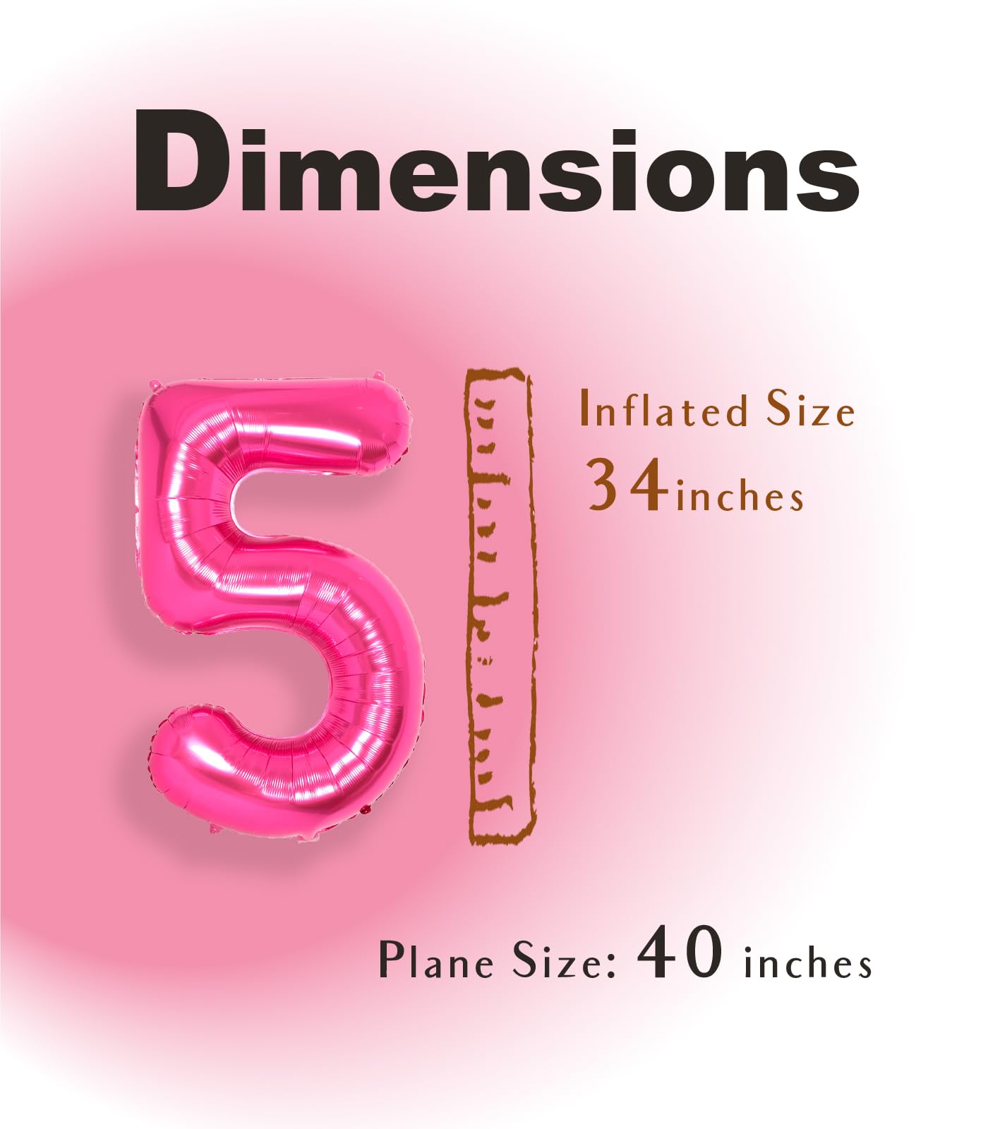 Suwen 40 Inch Hot Pink Large 5 Number Balloons Big Foil Helium Number Balloons 0-9 Jumbo Happy 5Th Mylar Birthday Party Decorati