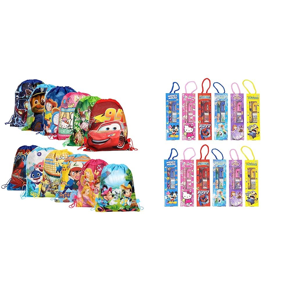 JIADA Return Gifts Set of Cartoon Printed Kids Haversack Bags (Pack of 12) Birthday Party Return Gifts Mix Stationery Kit Set in