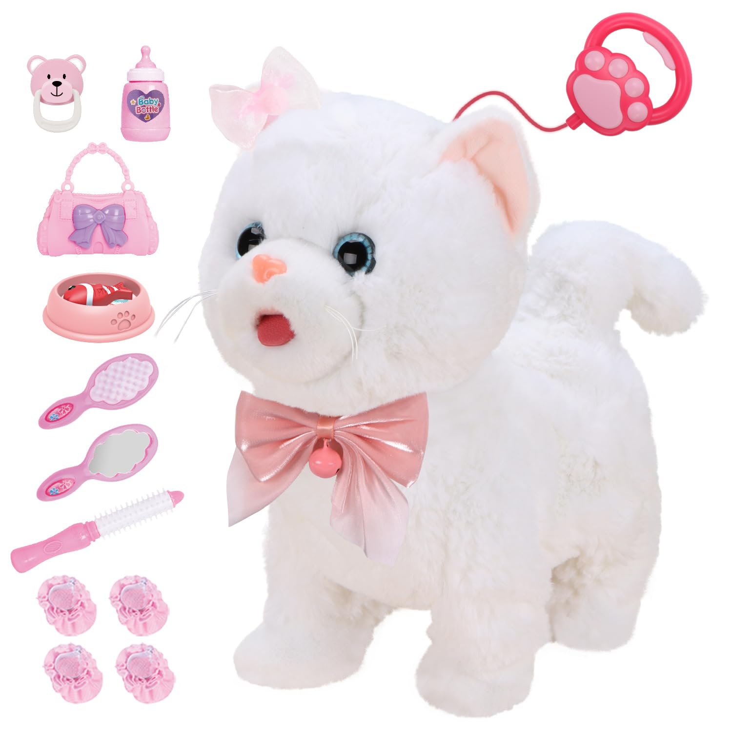ZGZBLOCK Plush Toy Cat for Kids with Remote Control Leash Interactive Electronic Pets Toys Cat Walking Tongue Out Catcall & Wagging Tail Includes Toys Cat Accessories (White Cat)
