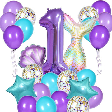 Msmancy Mermaid Birthday Decorations For Girls, 25Pcs Mermaid Party Supplies Set With Mermaid Tail, Shell, Star, Latex Balloons