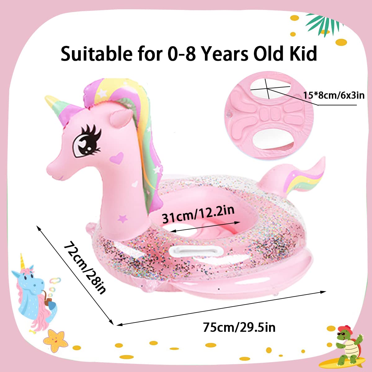 New Baby Swimming Pool Floats For Toddler Kids 0-8 Years Under 44Lb, Inflatable Swim Ring Water Raft With Seat And Handle For Summer Beach Outdoor Children Infant Bath Toys (Pink Unicorn)