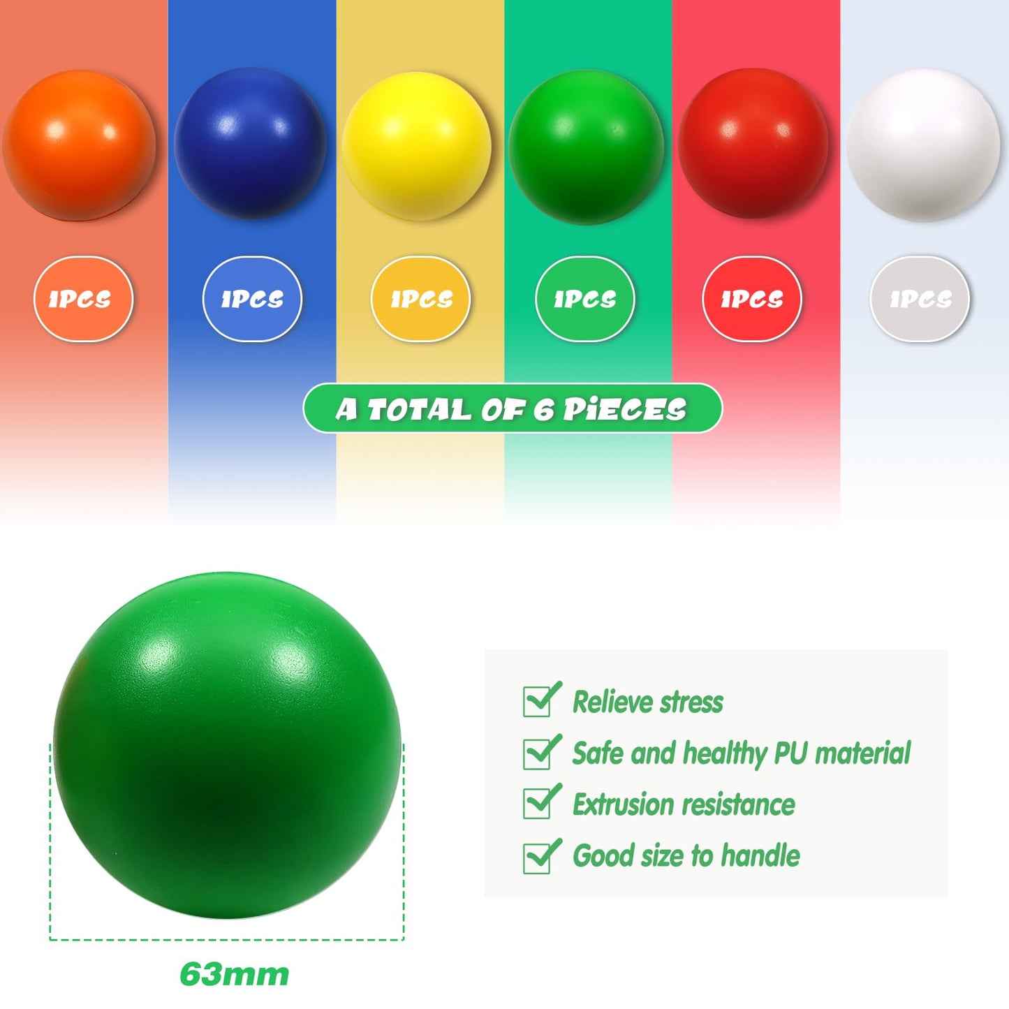 Toaob Stress Relief Balls Non-Toxic Squeeze Balls 6 Pack 2.5 Inch Colorful Foam Balls For Kids And Adults Hand Exercise Squishy