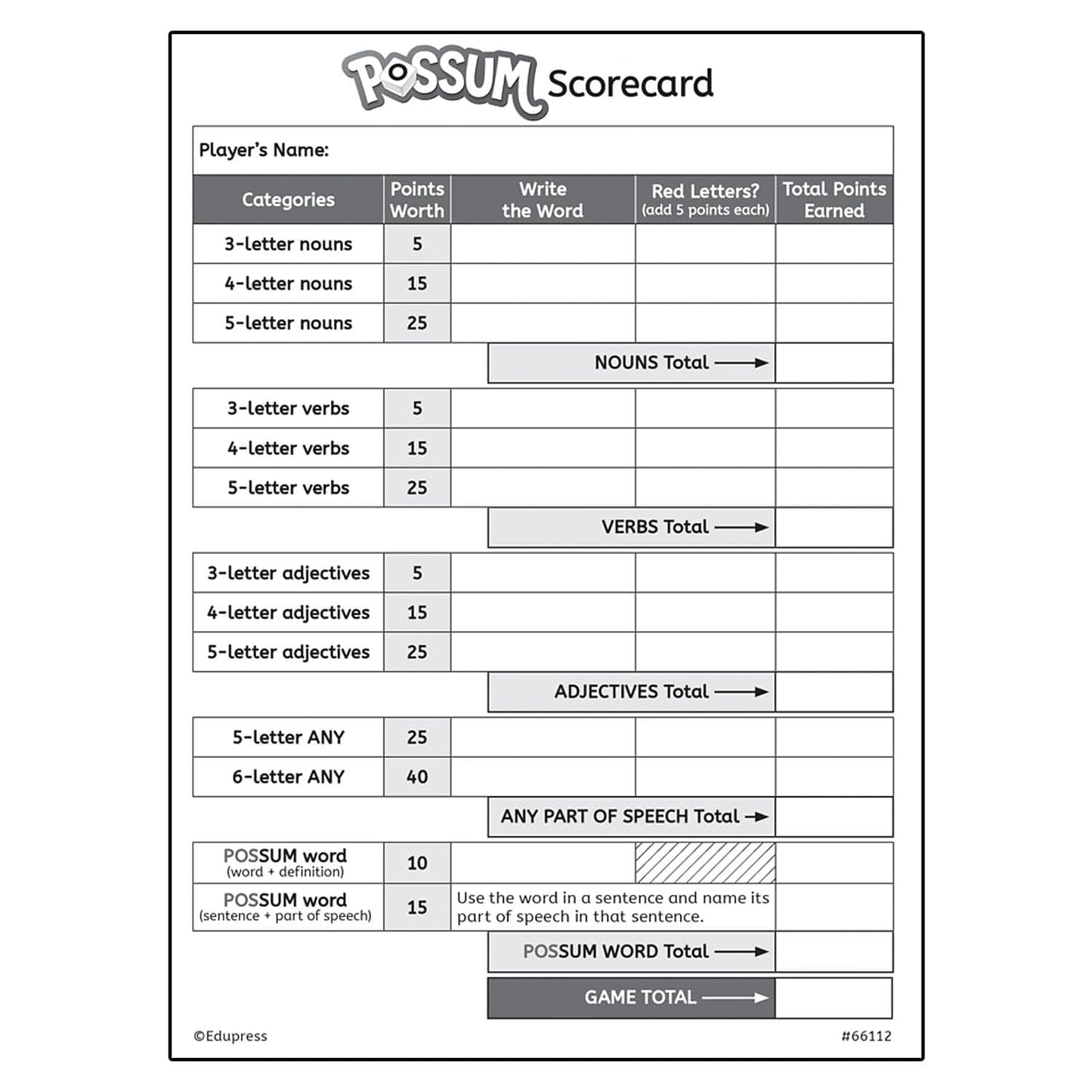 Teacher Created Resources Possum Dice Game