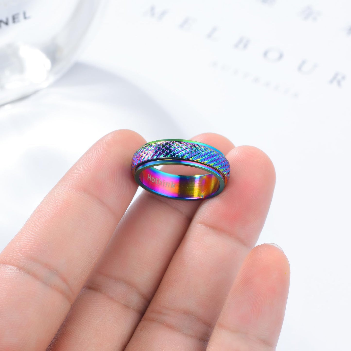 Hothink Anxiety Rings Fidget Rings For Women Spinner Rings For Teen Girls 4Pcs 6Mm Rainbow Titanium Steel Rings Size 5-11 (Rainb