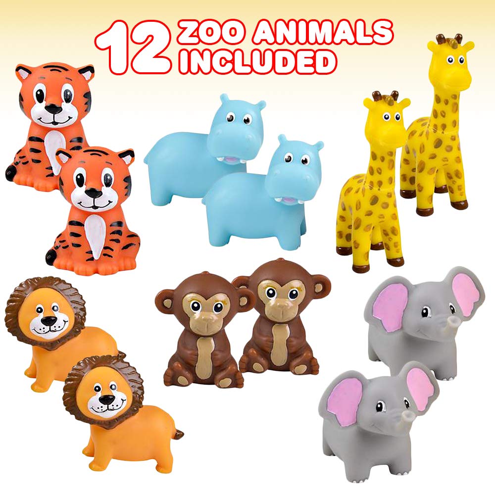 ArtCreativity Vinyl Zoo Animals Toys - Pack of 12 Assorted Squeezable Safari Figures, Small, Mixed Color for Kids' Parties & Bath Time