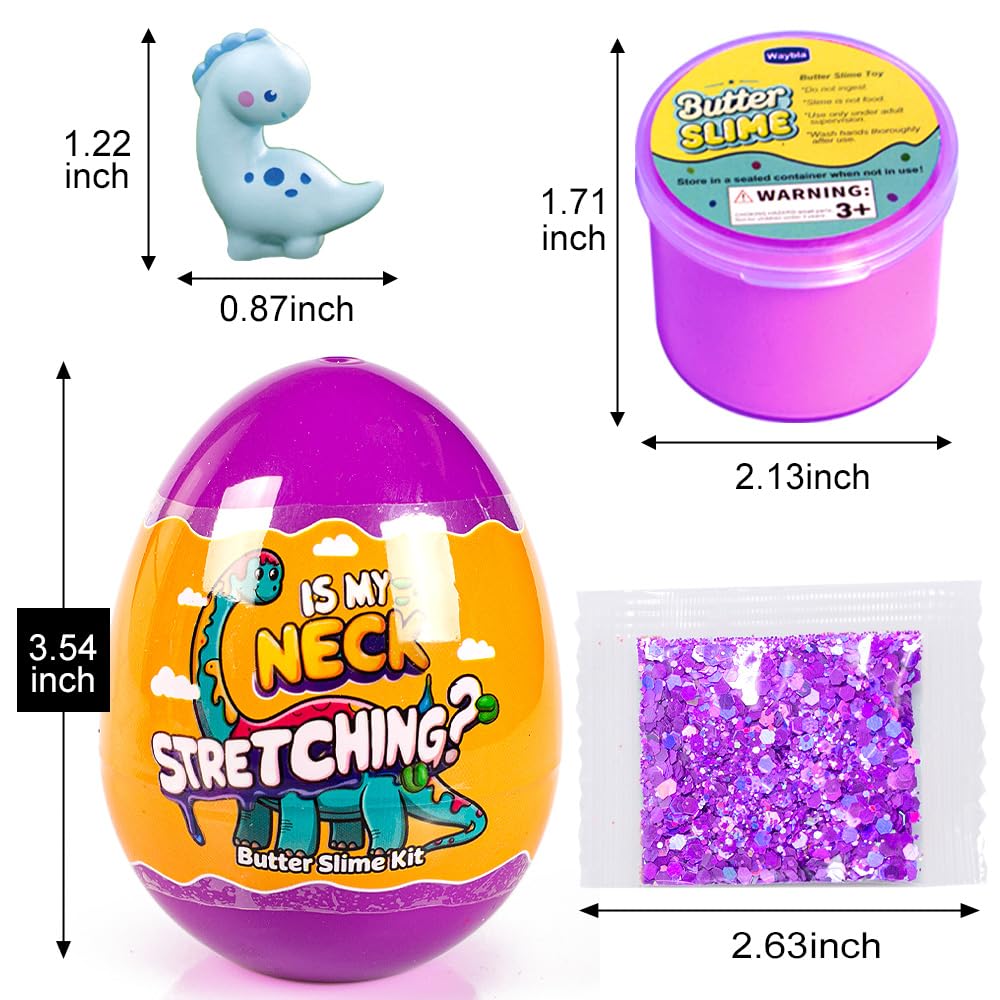 Waybla Dinosaur Butter Slime Kit for Kids - 4-Pack Colorful Butter Slimes with Glitter  Dinosaur Figurines  and Plastic Eggs - Sensory Toy  Party Favors  Birthday Gifts  Easter Basket Stuffers Fillers