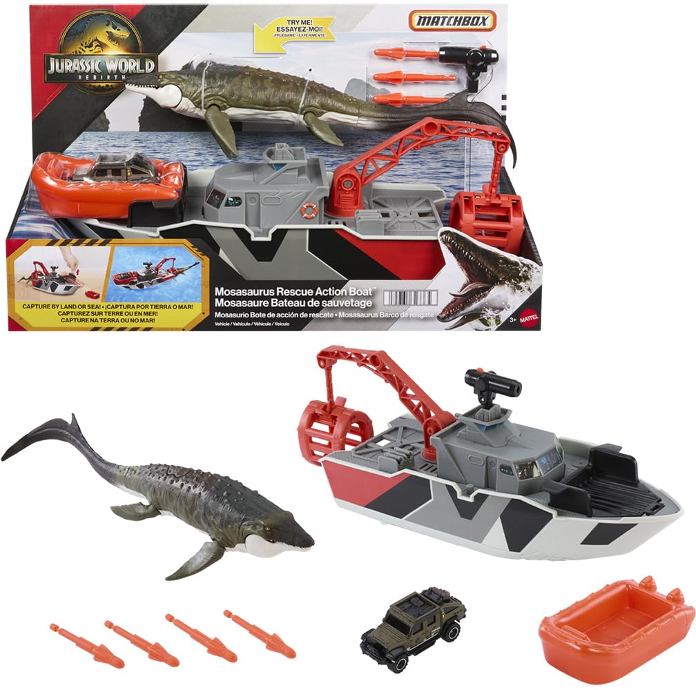 Matchbox Toy Car Playset, Jurassic World 12.5    Dino Boat with 13    Mosasaurus Dinosaur, 1:64 Die-Cast Jeep, Harpoon Missiles 