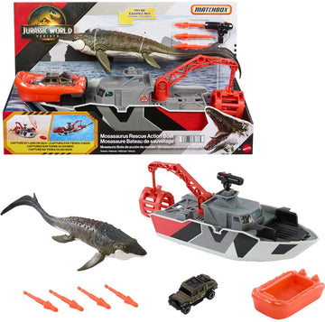 Matchbox Toy Car Playset, Jurassic World 12.5    Dino Boat with 13    Mosasaurus Dinosaur, 1:64 Die-Cast Jeep, Harpoon Missiles 
